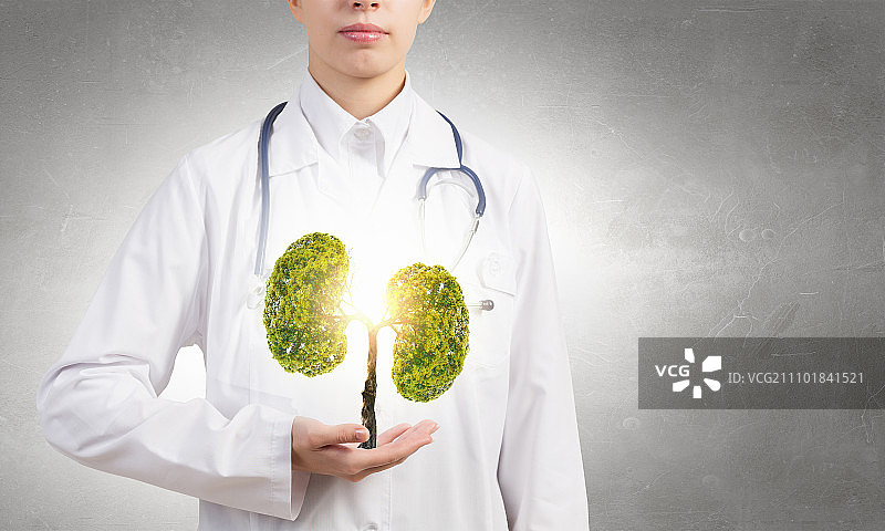 绿色健康药。近距离的女医生抱着绿树在手中图片素材