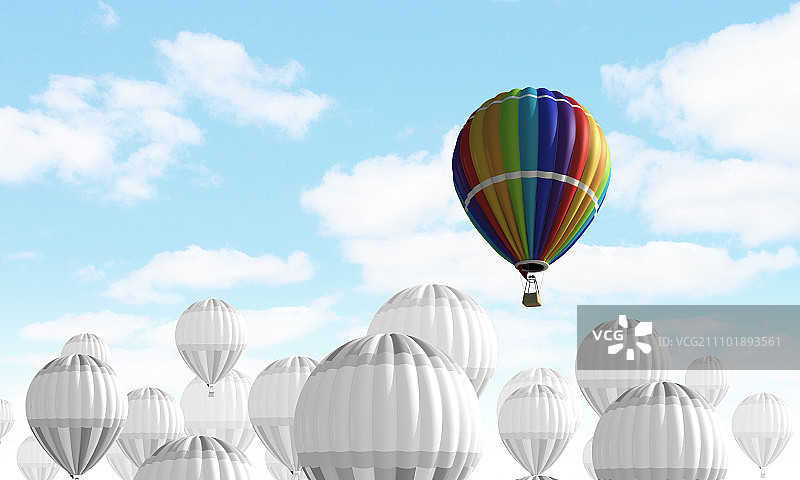 高空气球在天空。气球在高空飞行的概念形象图片素材