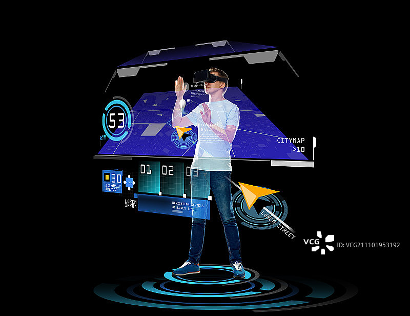 3d技术，增强现实，游戏，网络空间和人的概念-快乐的年轻人在虚拟现实头盔或3d眼镜与GPS导航投影在黑色背景图片素材