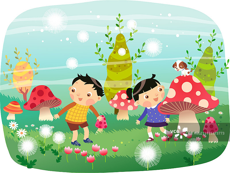 孩子们站在长满蘑菇和鲜花的田野里图片素材