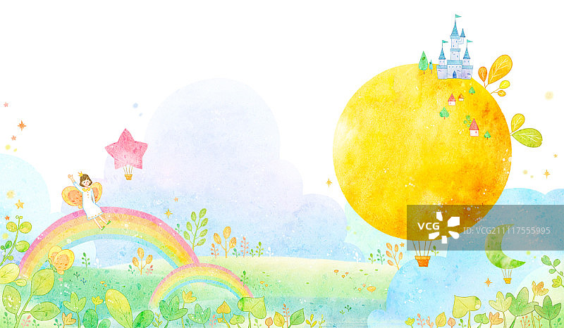 彩虹上的小天使和热气球上的城堡图片素材