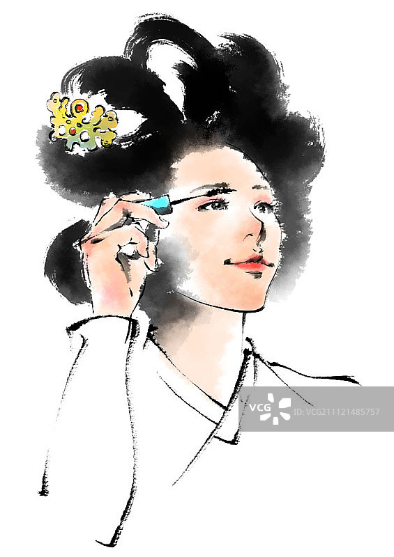 水墨画插图-韩国传统服饰女子与现代化妆工具图片素材