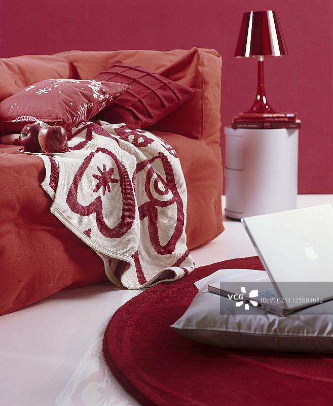 红色和白色的内饰中配有舒适的毯子和散落的垫子的宽松沙发;地板上灰色的垫子上放着笔记本电脑图片素材