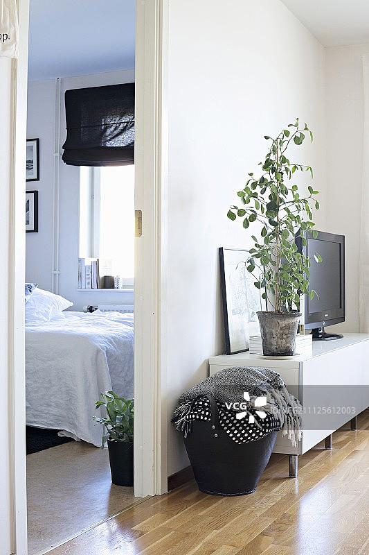 毛毯在黑色的柴火篮子旁边的房子植物在客厅和卧室的观点图片素材