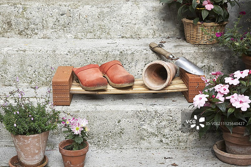 花园木屐和花盆DIY藤鞋架在石头台阶上图片素材