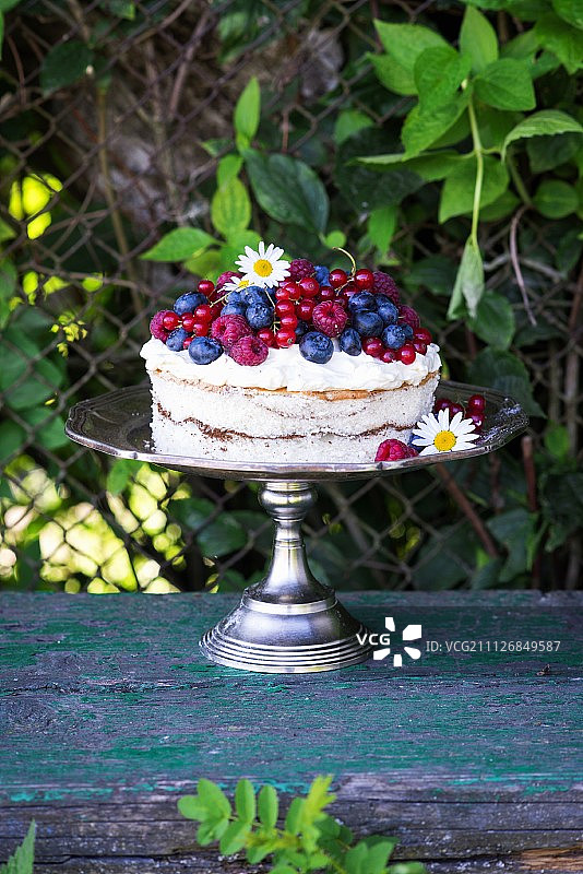花园里的蛋糕架上有奶油芝士糖霜和浆果图片素材