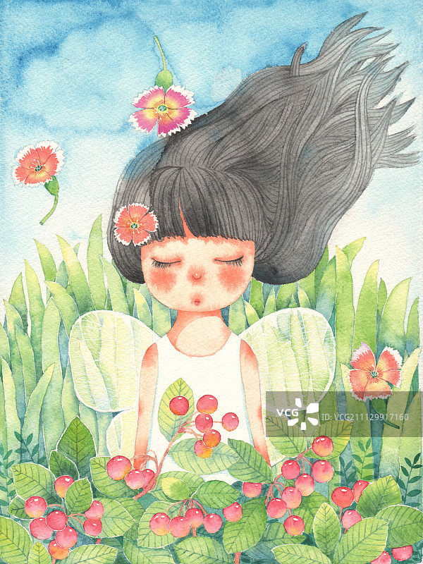 365唯美水彩插画系列-如花似玉的小女孩图片素材