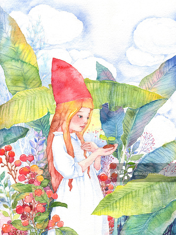 365唯美水彩插画系列-芭蕉叶红帽子女孩图片素材