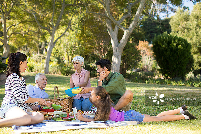 在一个阳光明媚的日子里，一家人在公园里野餐图片素材