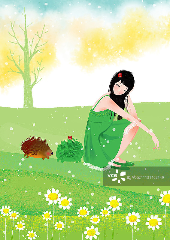 悠悠唯美插画系列-蹲在草地上的女孩图片素材