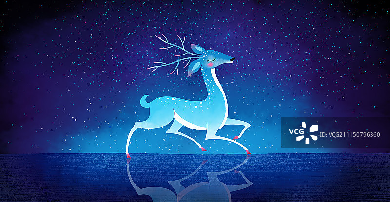 动物插画系列作品共3000幅-星空中奔跑的鹿图片素材