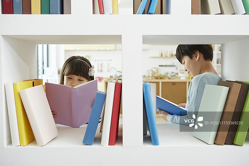 男孩和女孩在书架旁看书的照片图片素材