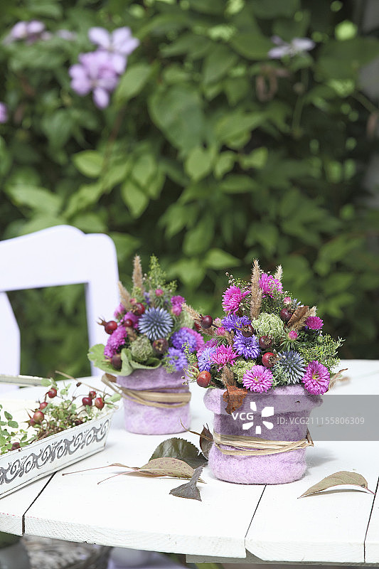 用紫菀、球蓟和蔷薇编成的秋花束，装在有毛毡盖的花瓶里图片素材