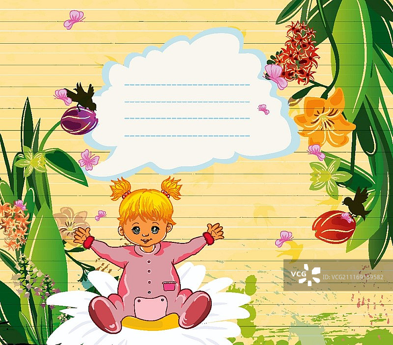 小女孩与花卉矢量插图图片素材