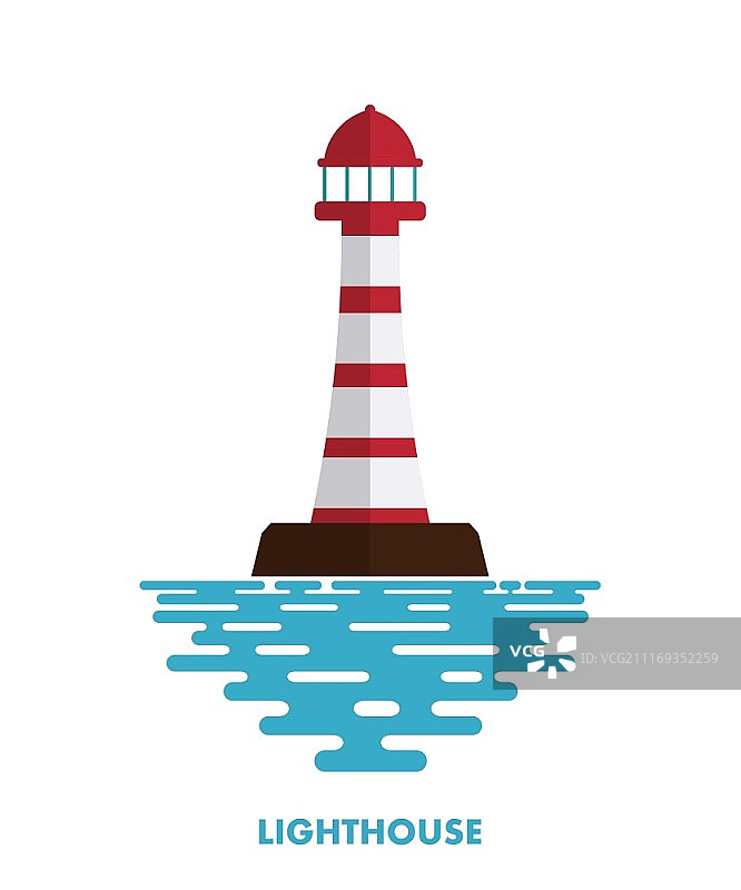 彩色的灯塔与波浪在白色的背景。图标的灯塔。灯塔与海浪的插图-海洋俱乐部或社区的标志。股票向量图片素材