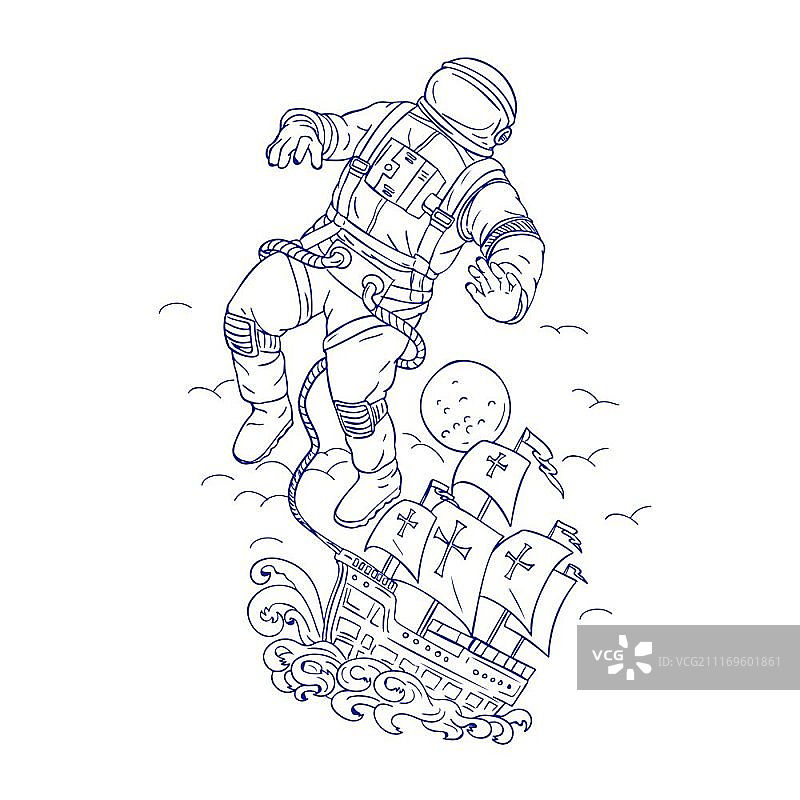 绘制草图风格的插图宇航员或太空人系在葡萄牙caravel或帆船漂浮在太空与月球的背景。宇航员系绳卡拉威尔船绘图图片素材