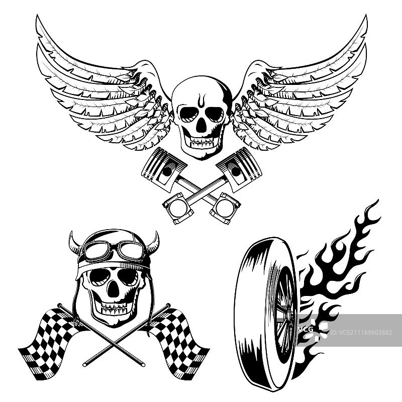 摩托车标签设置与骷髅火焰和旗帜矢量插图图片素材