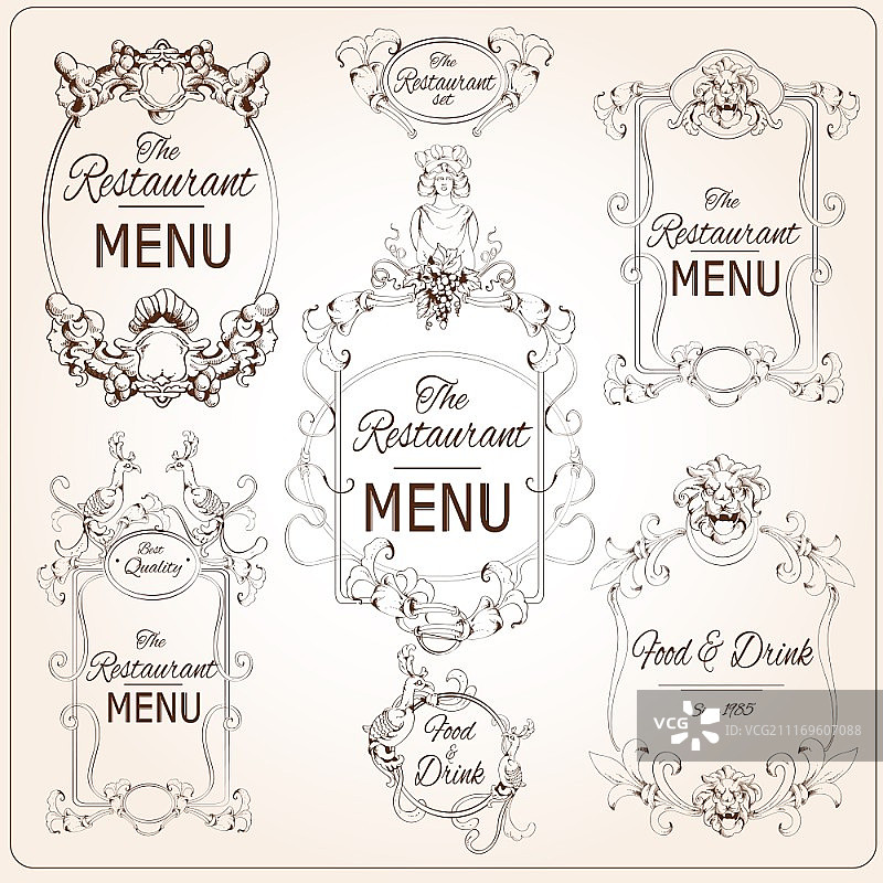 典雅的花卉书法复古风格餐厅菜单标签矢量插图图片素材