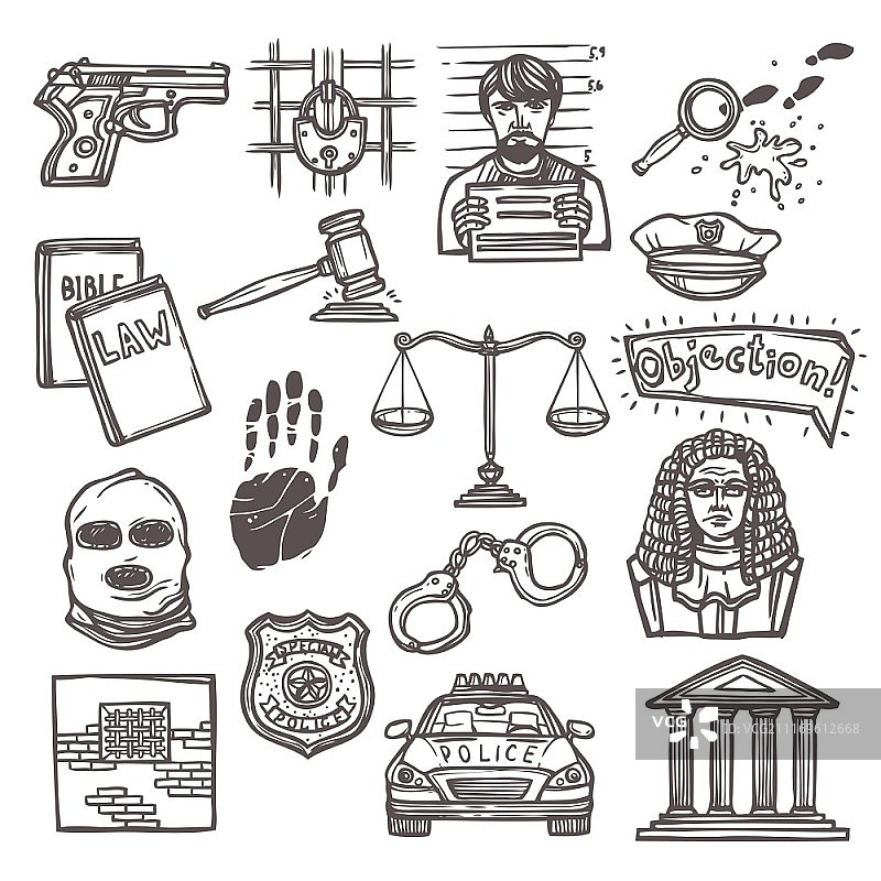 法律公正与立法图标素描集孤立矢量插图图片素材