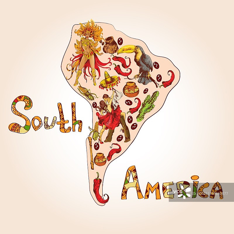 南美洲彩色素描概念与大陆形状和旅游符号矢量插图。图片素材