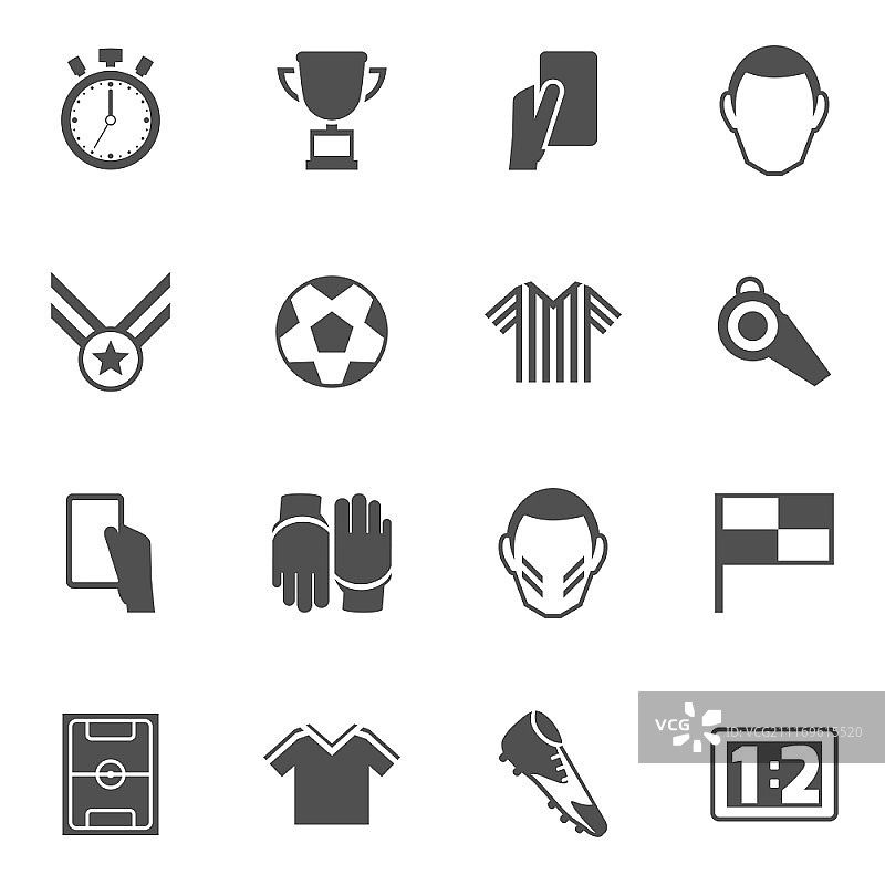 足球图标黑色设置与足球运动员球场杯孤立矢量插图图片素材