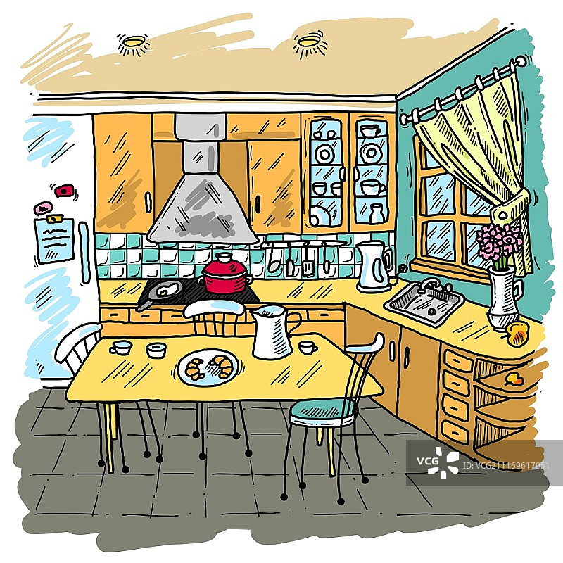 厨房彩色素描装饰背景与家庭家具矢量插图图片素材