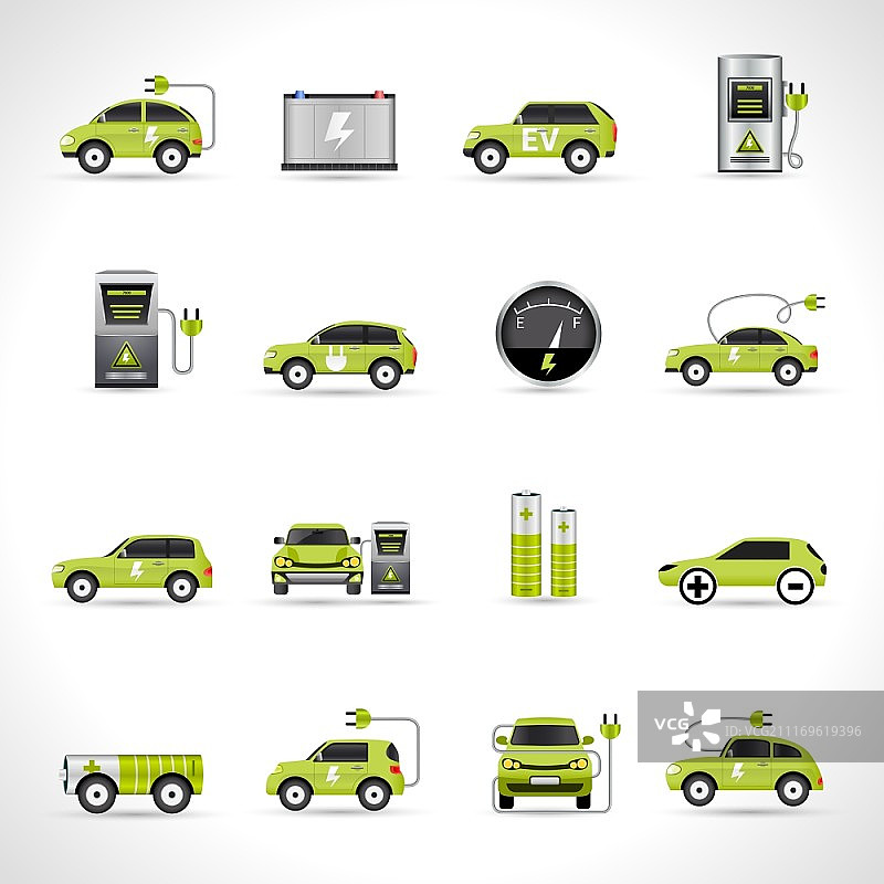 电动汽车生态能源运输图标设置孤立矢量插图。电动汽车图标图片素材