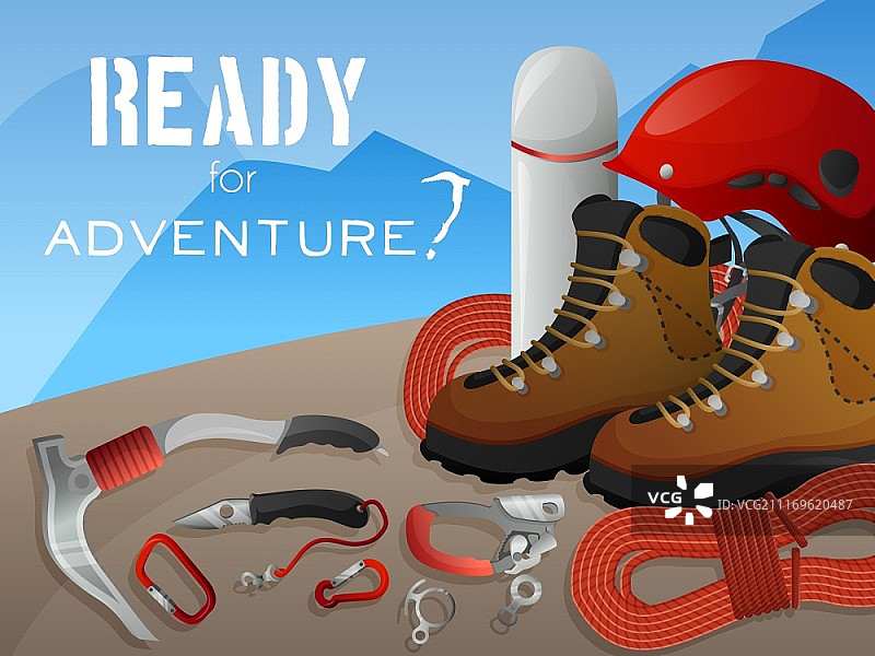 准备探险山峰登山装备和运动服装饰背景横幅印花平面抽象矢量插图。登山探险背景横幅图片素材