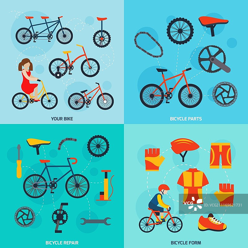 自行车4平图标方形横幅。骑自行车和修理你的自行车在城市道路4平图标组成横幅抽象孤立矢量插图图片素材