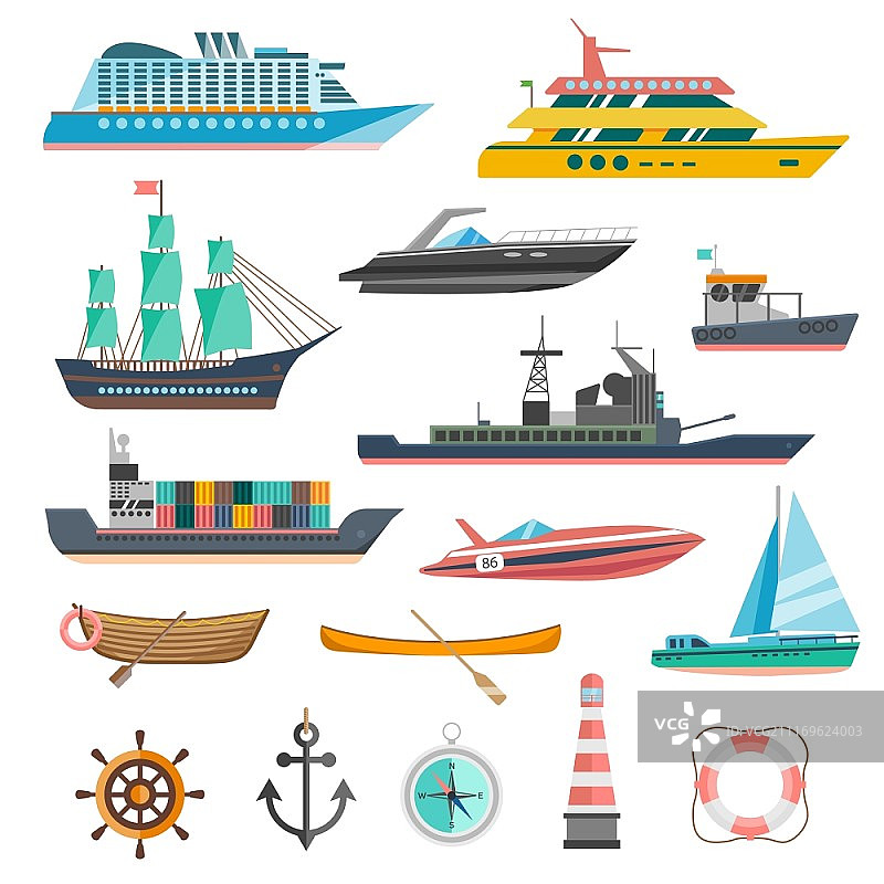 船舶图标集。船舶、游艇和船舶图标设置与导航符号平面孤立矢量插图图片素材