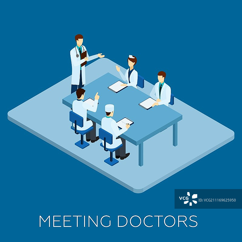 医生会见概念与等距医务人员在表矢量插图。医生会议概念图片素材