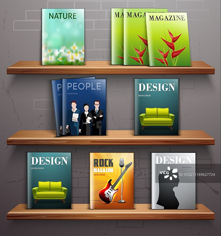 杂志架子上。杂志和教科书上的3d书店书架现实的矢量插图图片素材