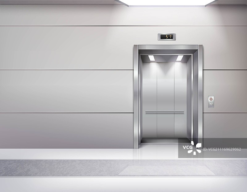 现实的空电梯大厅内饰。现实的空电梯大厅内部与等待电梯大理石地板天花板窗户和灰色墙壁矢量插图图片素材