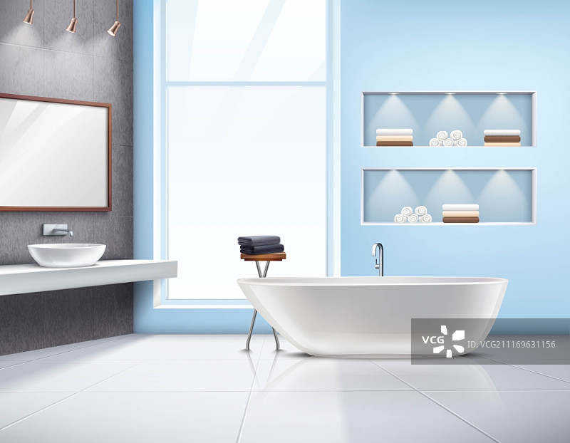 浴室室内写实设计。现代宽敞的阳光浴室内部现实设计与白色浴缸配件和大窗户矢量插图图片素材