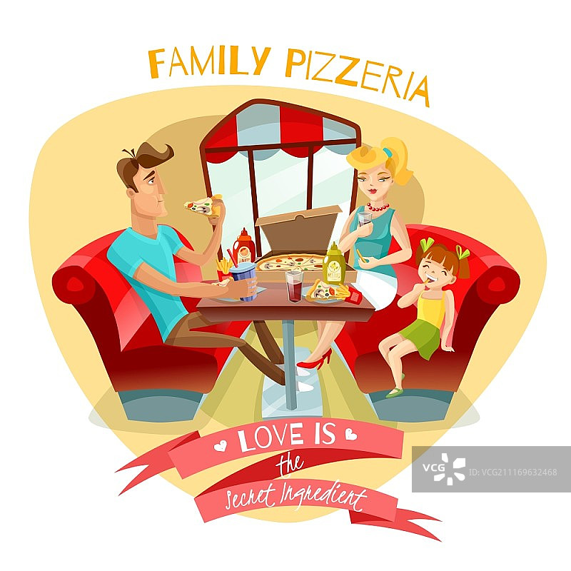 家庭披萨矢量插图。家庭披萨店设计概念与年轻的父母和他们的女儿在披萨店室内平面矢量插图餐桌图片素材