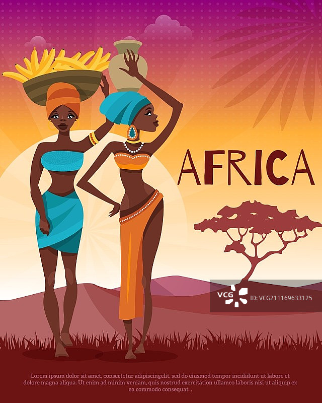 非洲文化部落传统平面海报。非洲文化和民族服装习俗传统平面海报与妇女头巾和自然背景矢量插图图片素材