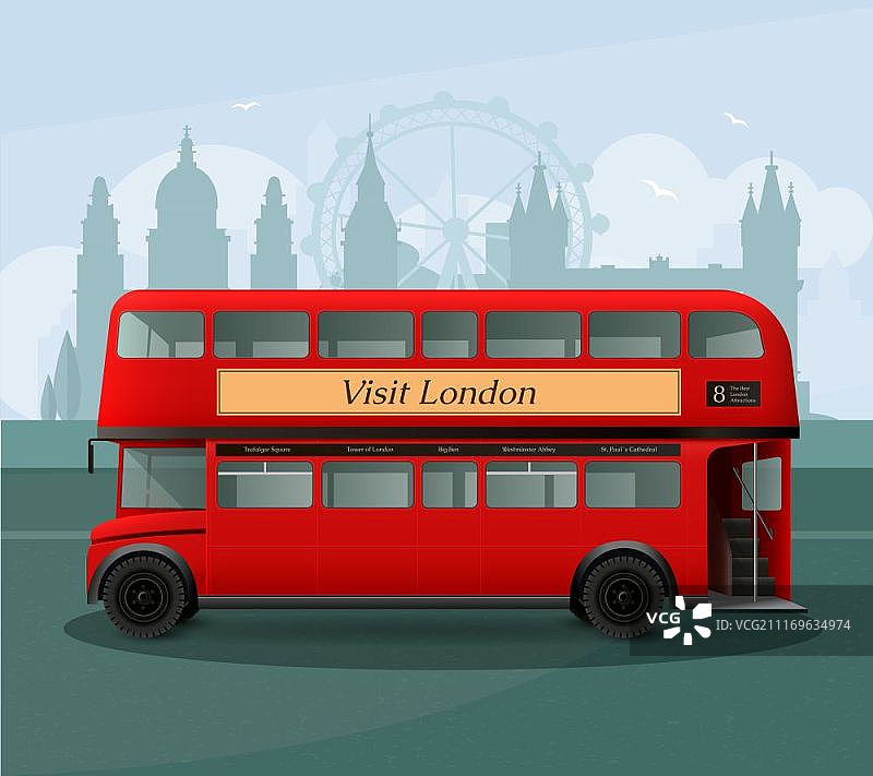 现实的伦敦双层巴士插图。现实的伦敦双层巴士与字母在灰色背景与轮廓的地标矢量插图图片素材