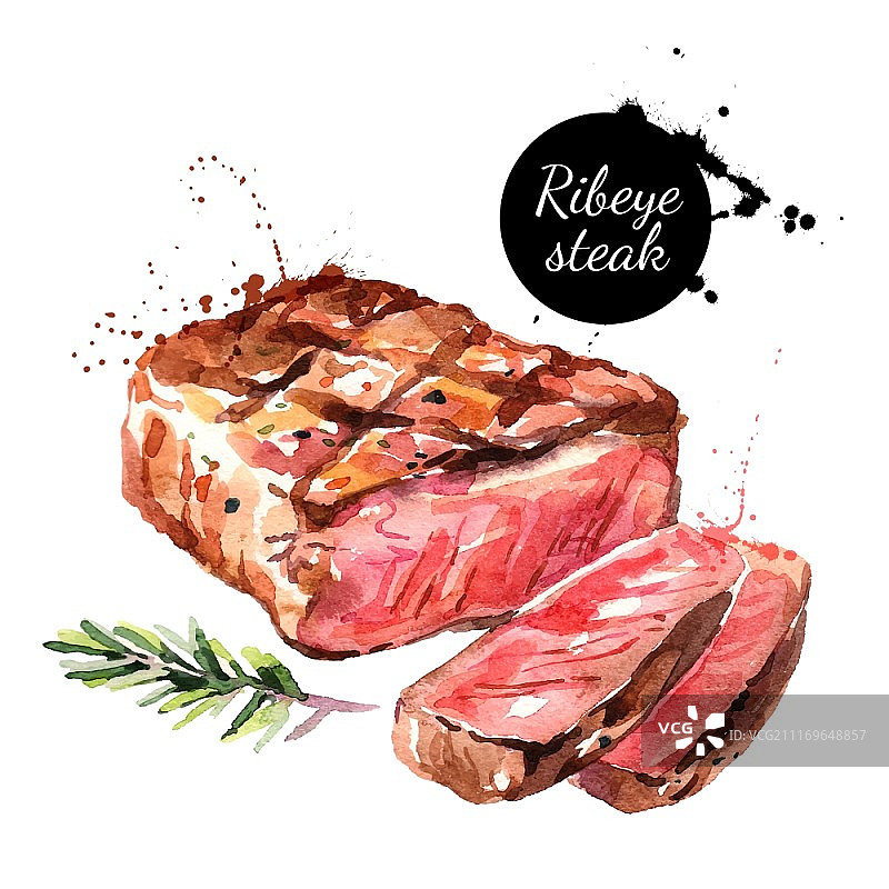 水彩肋眼牛排。孤立的食物插图在白色的背景图片素材