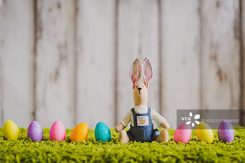 兔子坐在草地上拿着复活节彩蛋图片素材