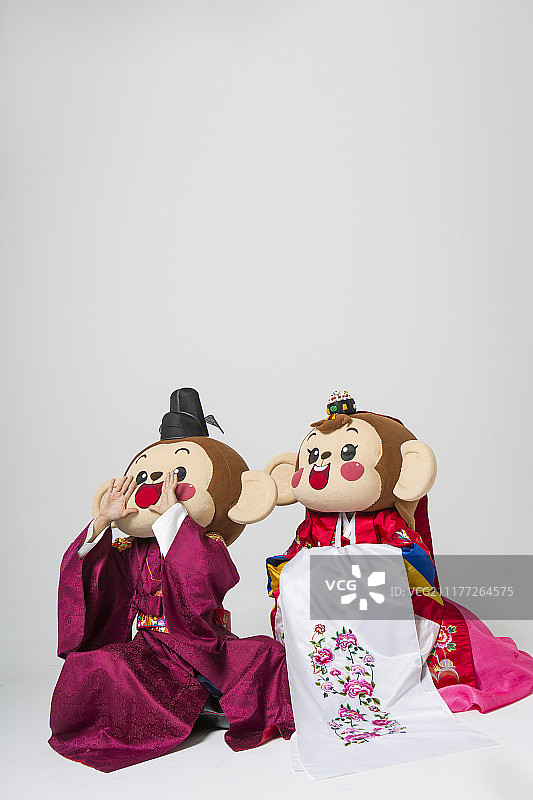 猴头夫妇穿着传统婚纱坐着大喊摄影图片素材