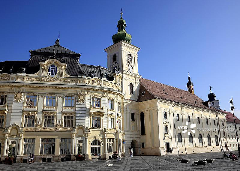 市政厅，天主教驻军教堂，在大大道，Piata Mare, Sibiu, Hermannstadt, Siebenburgen，罗马尼亚，欧洲图片素材