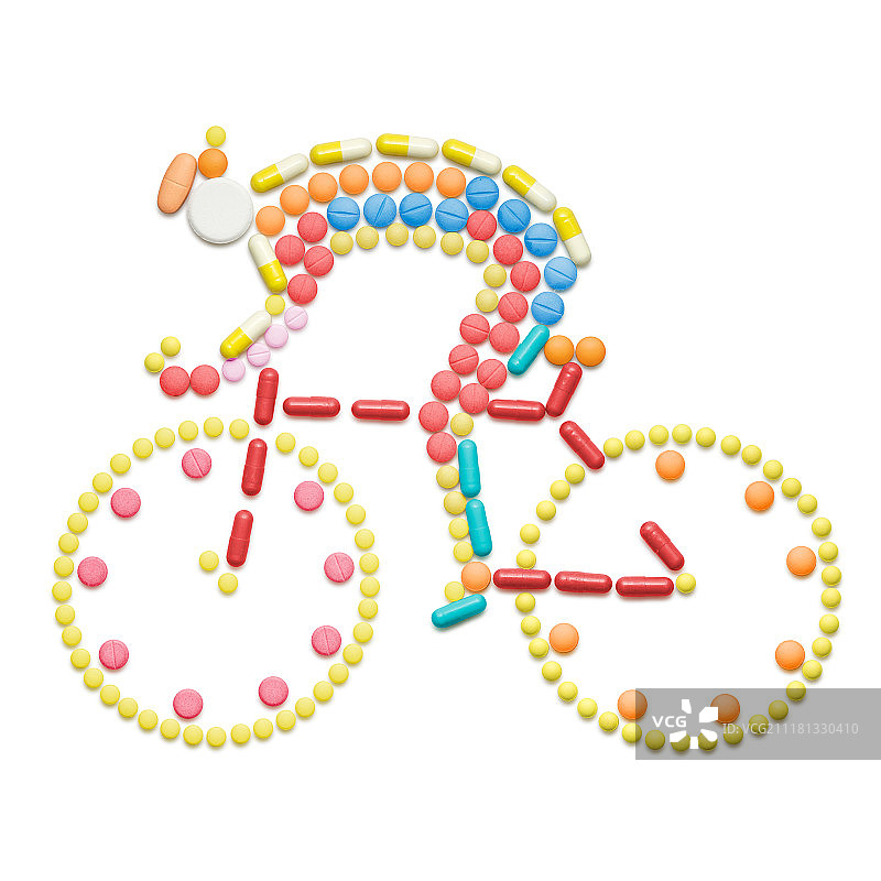 兴奋剂和药丸在公路自行车赛车的形状自行车。图片素材
