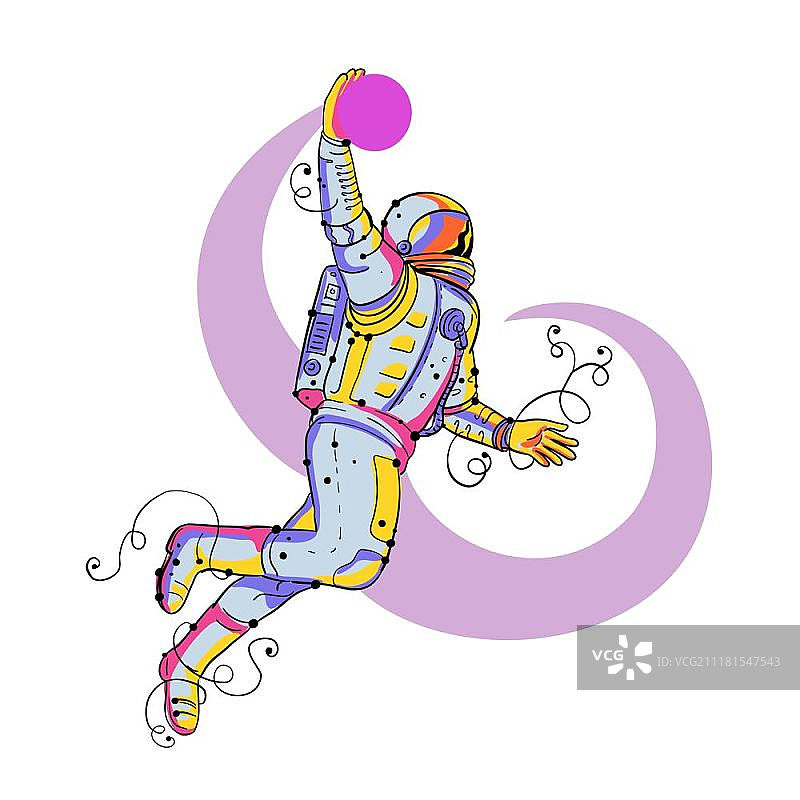 一个宇航员在孤立的背景上跳跃和扣篮的艺术插图。宇航员扣篮涂鸦图片素材