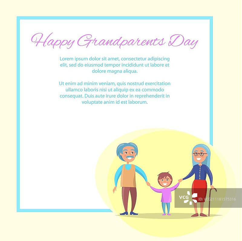 快乐的祖父母日老两口和孙子。快乐的爷爷奶奶日海报与老夫妇与孙子牵手行走矢量插图与地方为文本在框架图片素材
