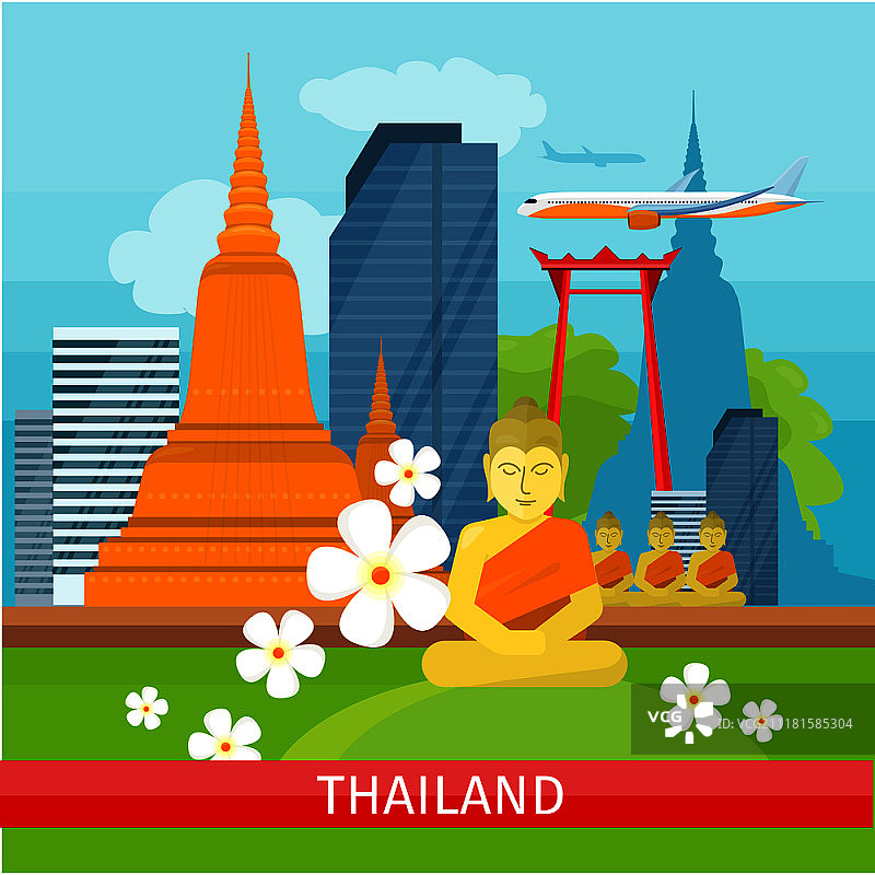 泰国旅行横幅。风景与传统的泰国地标。摩天大楼和私人建筑。性质和结构。环球旅行系列的一部分。矢量插图。泰国旅行横幅。泰国的地标。图片素材