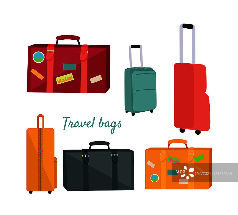 一套带菌者的旅行箱和行李。平面设计。收集各种手提行李。有伸缩手柄、轮子和贴纸的彩色手提箱。对于旅游概念，旅游公司做广告。一套旅行手提箱和袋子的插图图片素材