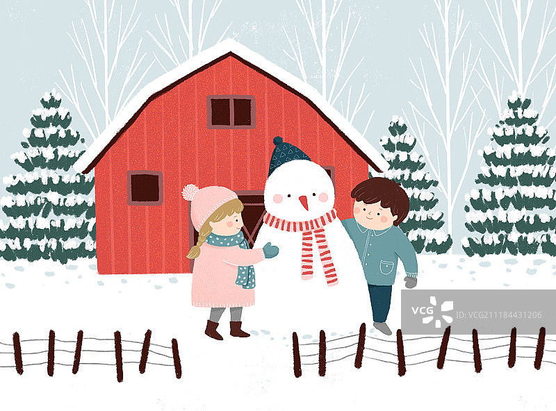 儿童堆雪人插画图片素材