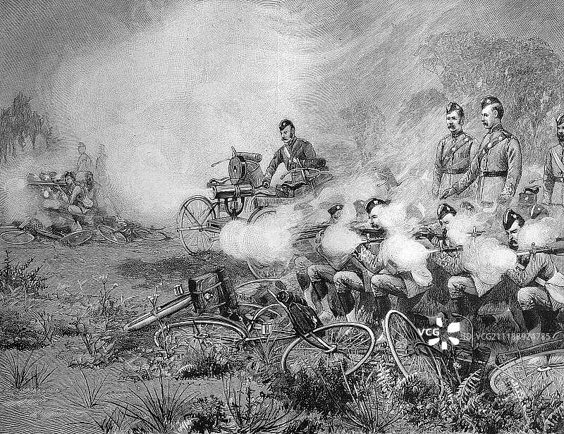 骑着自行车和速射枪的英国士兵，历史插图，约1893年图片素材