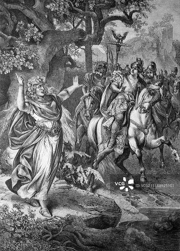 一个日耳曼幻想家挡住了罗马指挥官尼禄·克劳迪亚斯·德鲁斯的路，公元前38年到公元前9年，他强行进入德国，她试图警告他，历史例证，大约1886年图片素材
