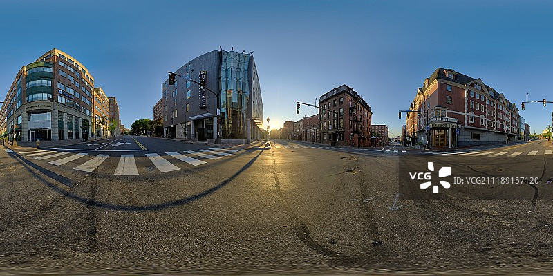 360掳 HDRI showing a road junction surrounded by commercial buildings in United States图片素材